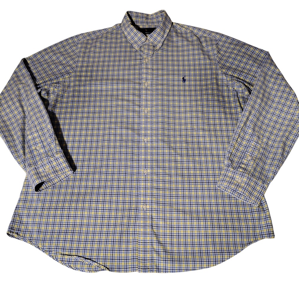 Ralph Lauren XL Classic Fit Blue Yellow Check Cotton Stretch Shirt -Imperfect